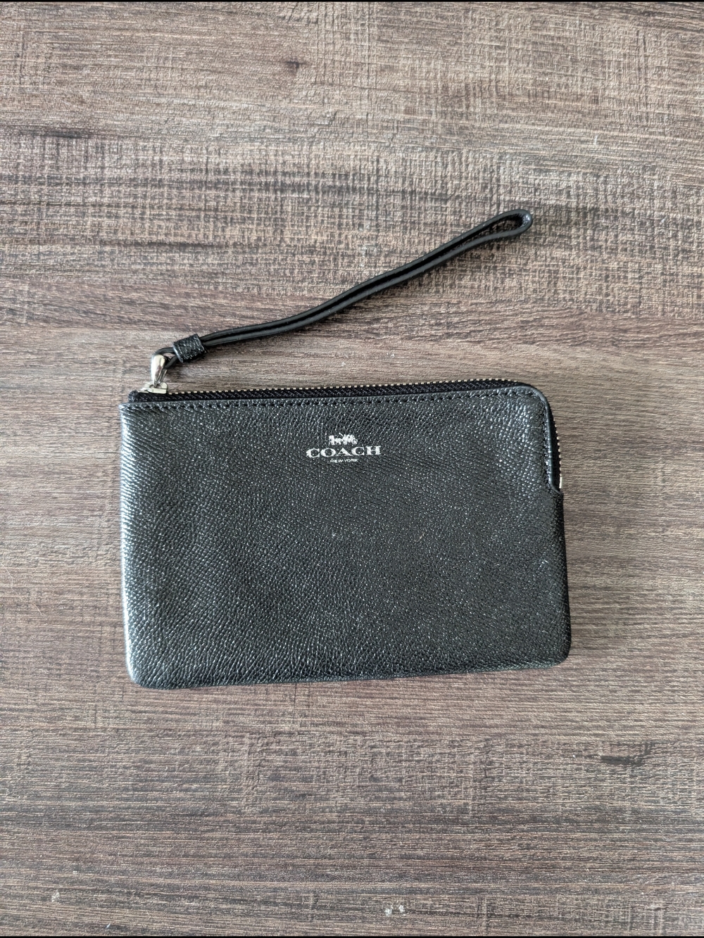 Coach Black & Silver Leather Zip Wristlet with Silver Logo